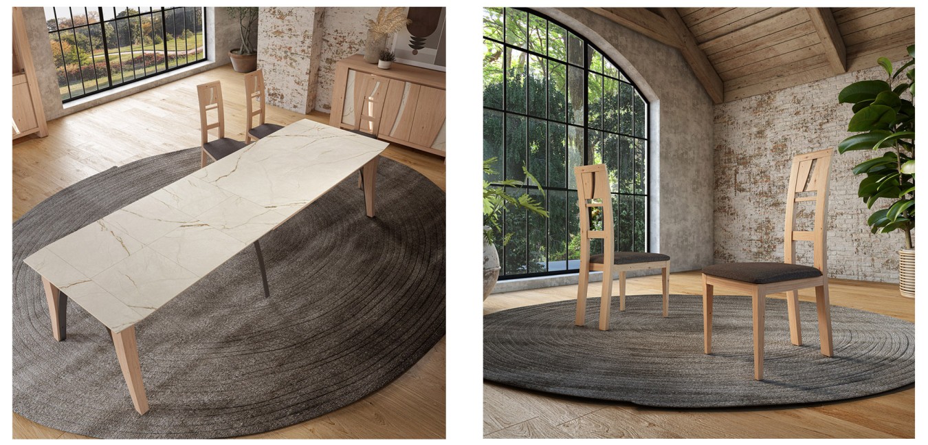 Table de repas XXL 4 pieds 3 allonges, chaises