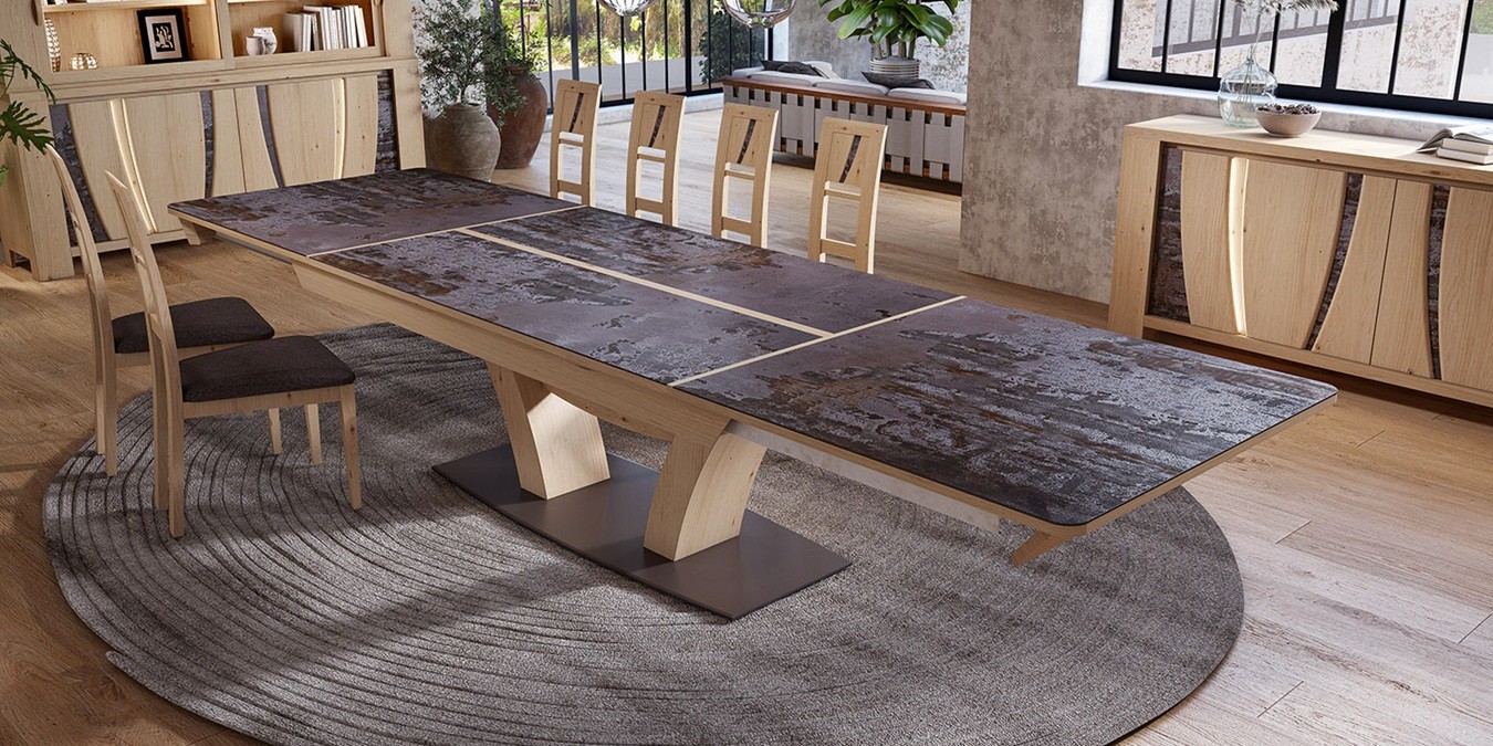 Table de repas pied central dessus dekton 1 allonge de 100, enfilade 2 portes coulissante 3 tiroirs