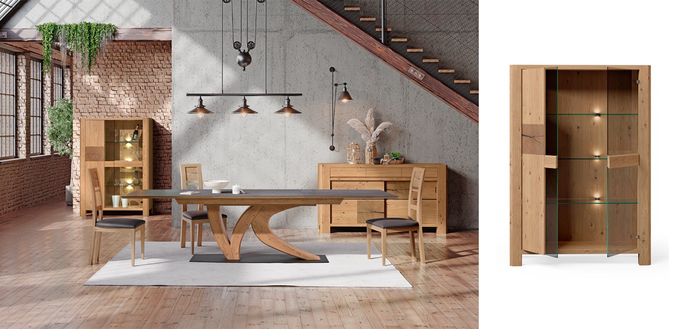 Vitrine 2 portes, table de repas pied central Full Dekton, enfilade 2 portes coulissantes 3 tiroirs, chaises