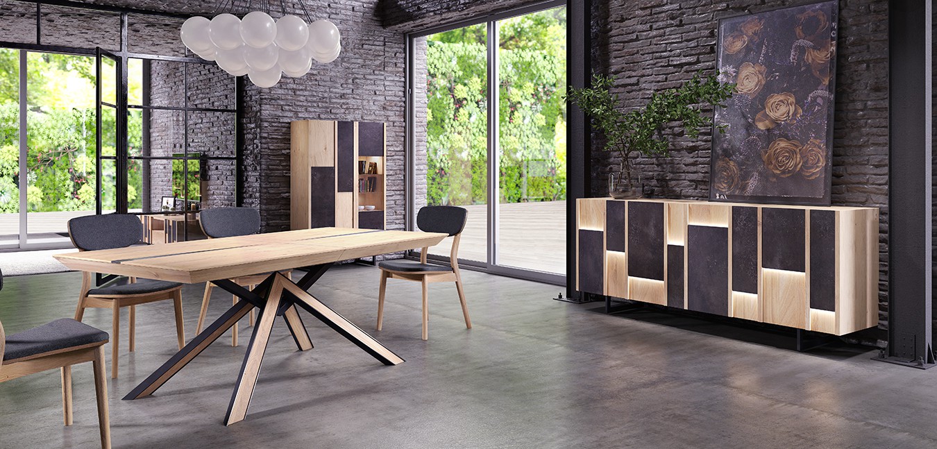 Table de repas fer & bois avec 1 allonge, Chaise, Vitrine 2 portes, Enfilade 4 portes