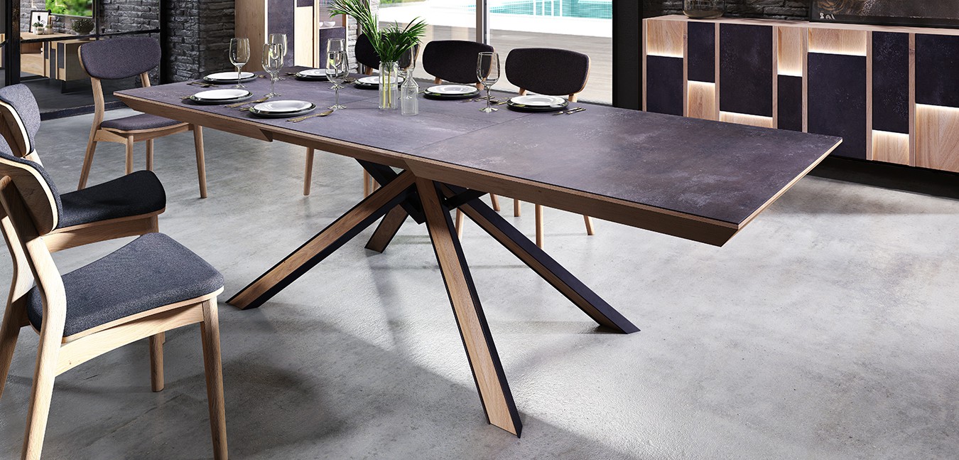 Table de repas fer & bois avec 1 allonge