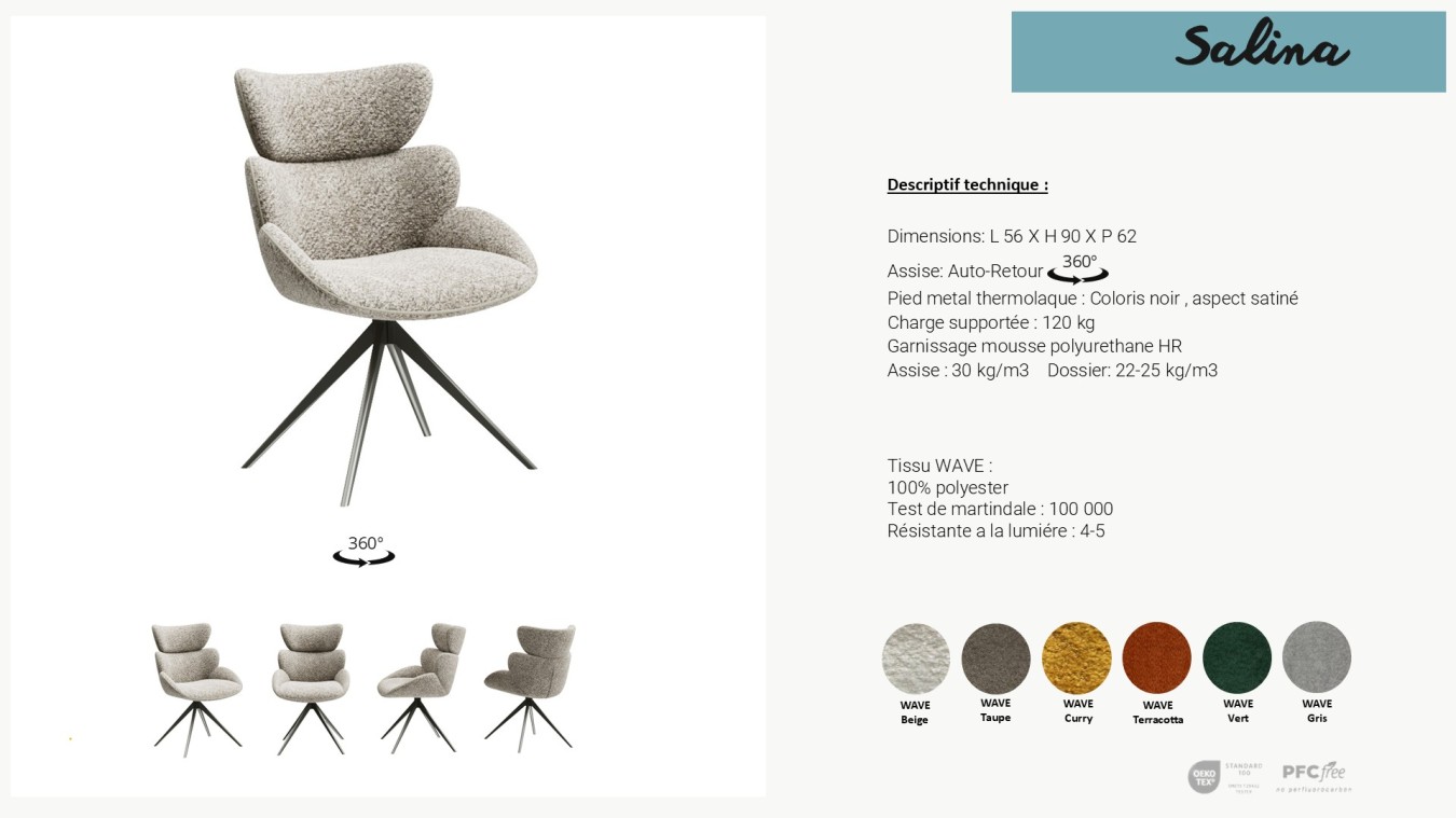 Fauteuil SALINA Pivotant a 360° pieds fer
