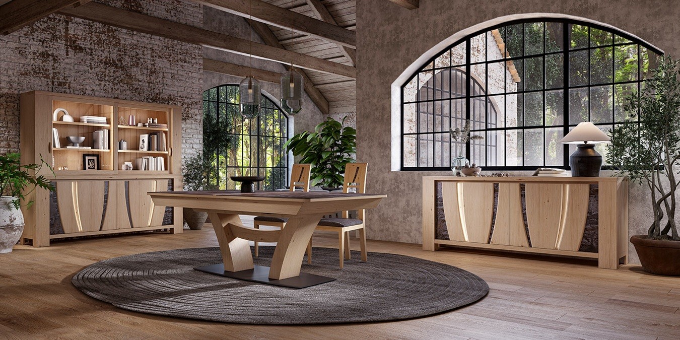 Grande bibliothèque, enfilade 4 portes, table de repas XXL pied central, chaise