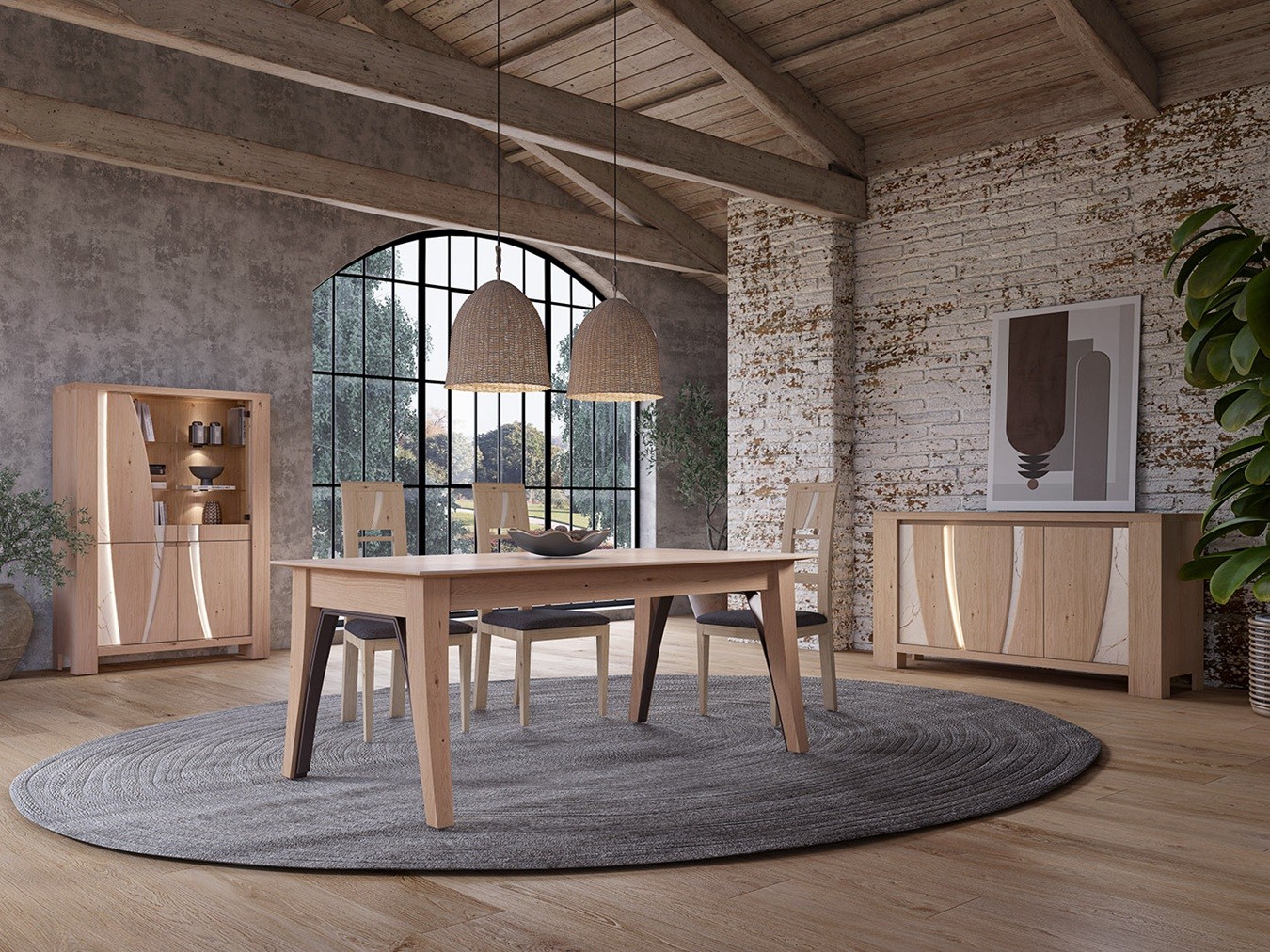 Vitrine, enfilade 3 portes, table de repas XXL 4 pieds , chaise