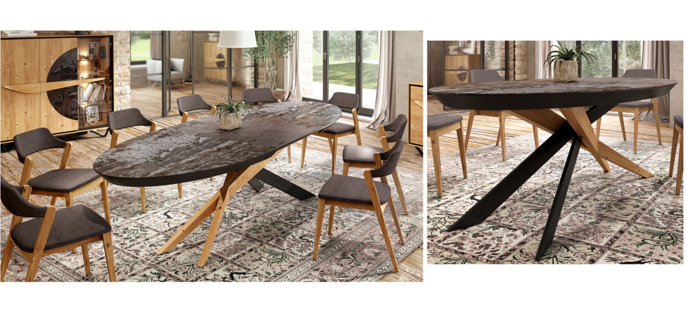 Table de repas ovale, 1 allonge , pieds fer et bois