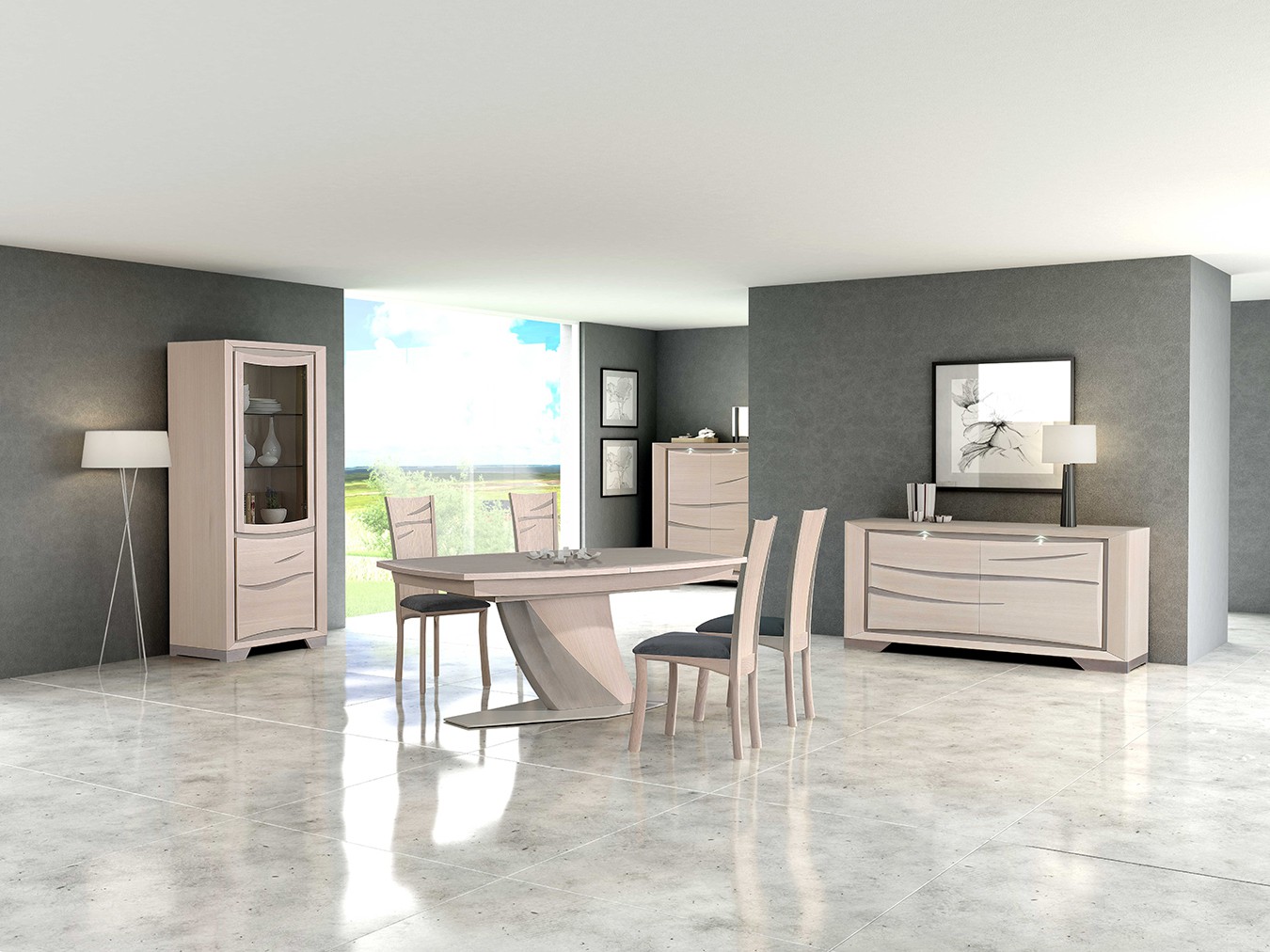 Colonne 2 portes, Table de repas avec 1 allonge, Chaise, Armoirette 2 portes, Enfilade 2 portes