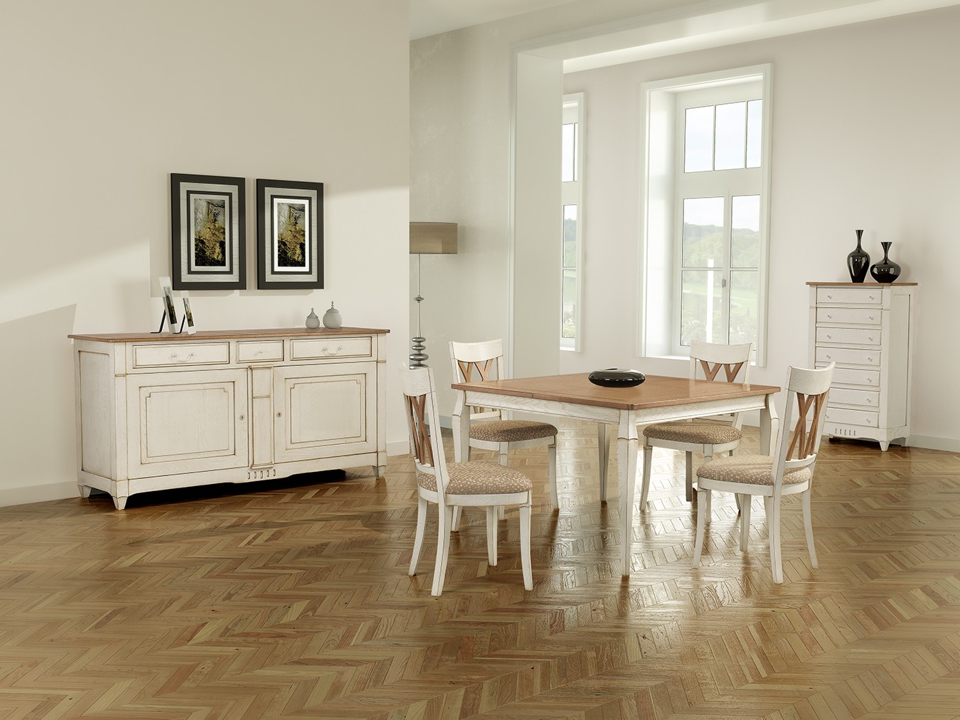 Enfilade , Table de repas carrée avec 1 allonge, Chaise, Semainier 1 porte