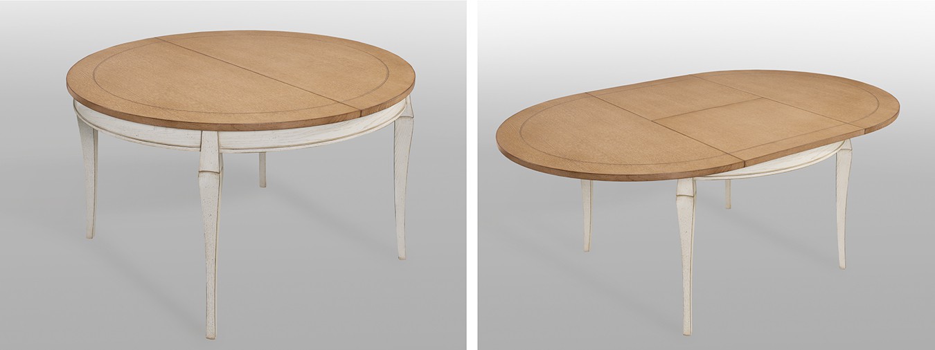 Table de repas ronde avec 1 allonge de 65 cm en portefeuille.