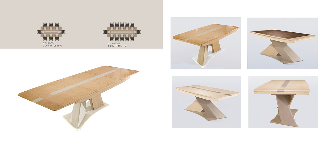 Table de repas pied central dessus bois avec 2 allonges