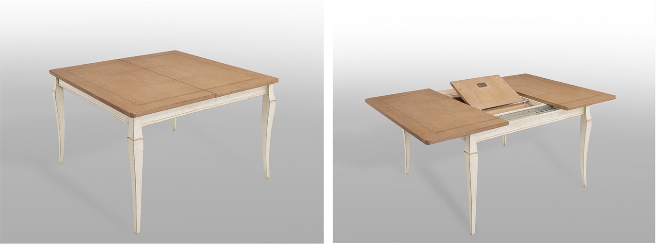 Table de repas carrée avec 1 allonge de 50 cm en portefeuille.