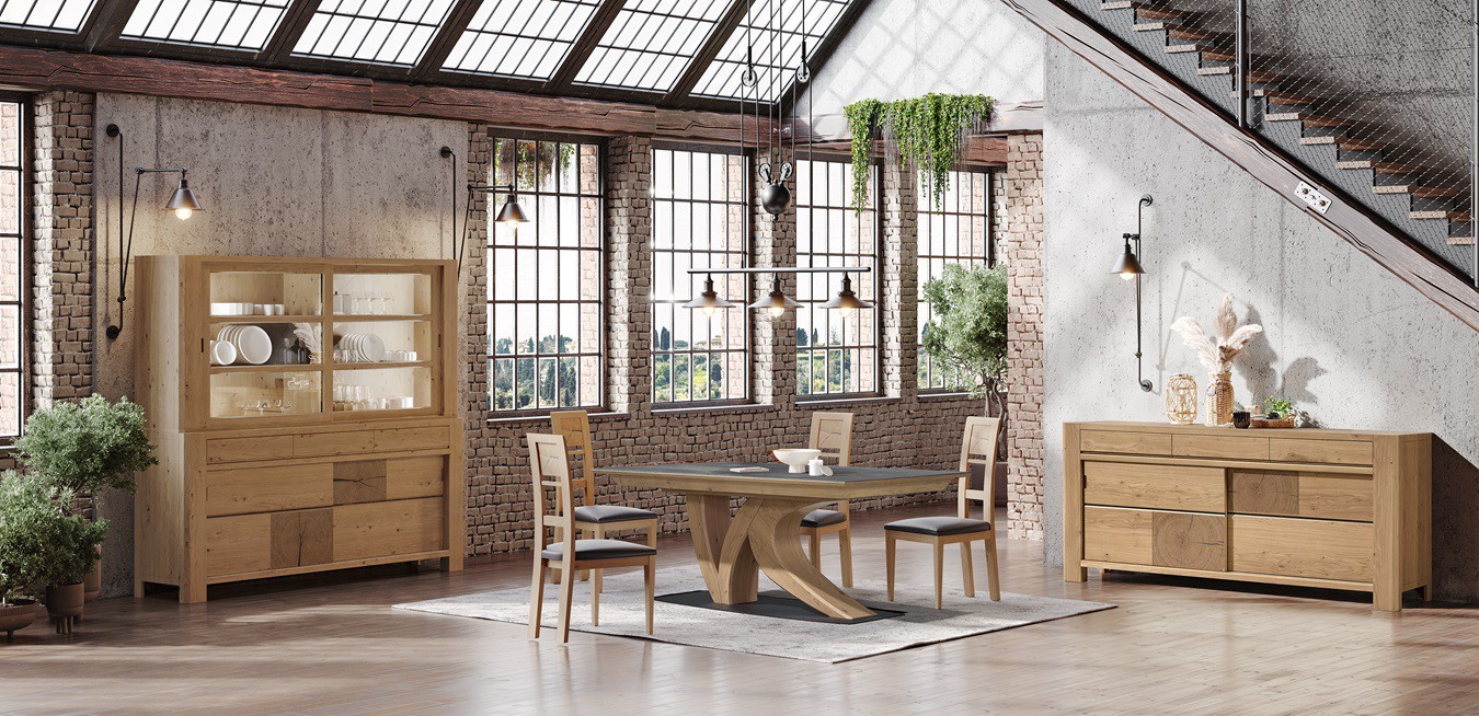 iroirs, table de repas pieds central, enfilade 2 portes coulissantes 3 tiroirs
