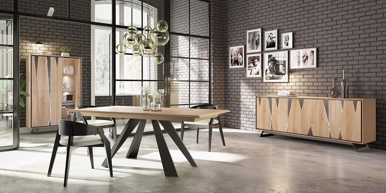 Enfilade 4 portes, Table de repas pied central avec 2 allonges, bridge, vitrine 