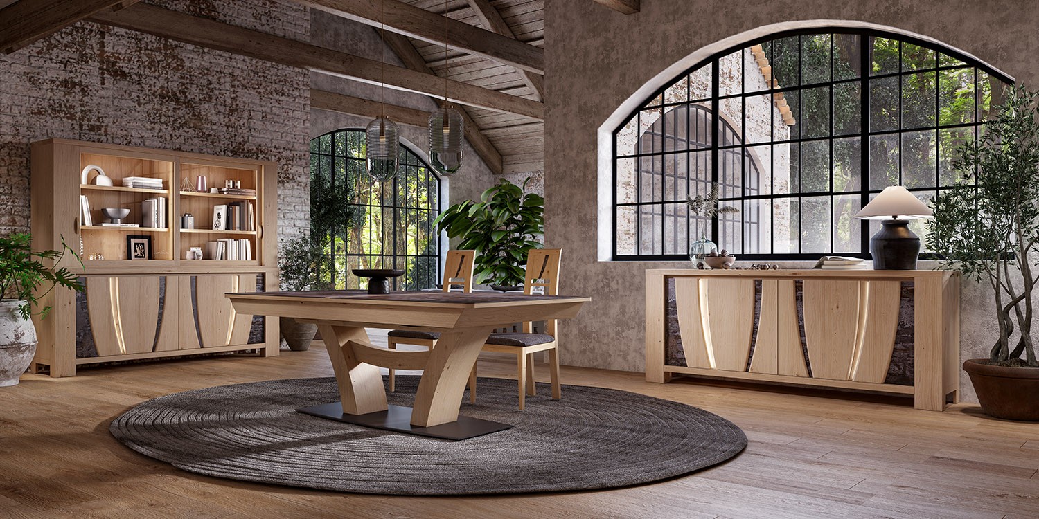 Enfilade 4 portes, table de repas XXL 3 allonges CORREZE, bibliothéque