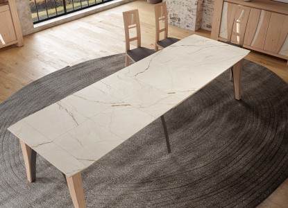 Table de repas XXL 4 pieds 3 allonges, chaises