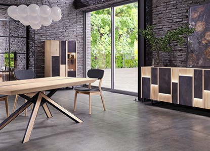 Table de repas fer & bois avec 1 allonge, Chaise, Vitrine 2 portes, Enfilade 4 portes
