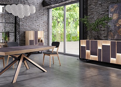 Table de repas fer & bois avec 1 allonge, Chaise, Armoirette 3 portes, Enfilade 4 portes