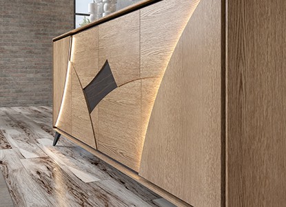 Enfilade 4 portes, insert dekton, 1 tiroir intérieur avec aménagement, éclairage en façade.