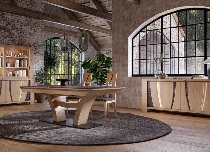 Grande bibliothèque, enfilade 4 portes, table de repas XXL pied central, chaise