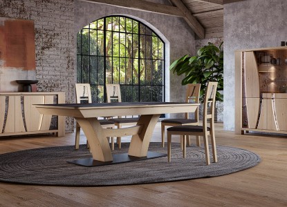 Grande vitrine, enfilade 4 portes, table de repas XXL pied central, chaise