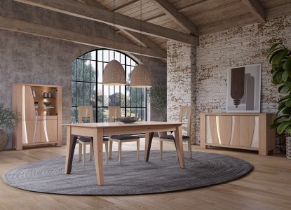 Vitrine, enfilade 3 portes, table de repas XXL 4 pieds , chaise