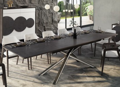 Table de repas, pied central, 1 allonge, plateau en céramique ou Dekton