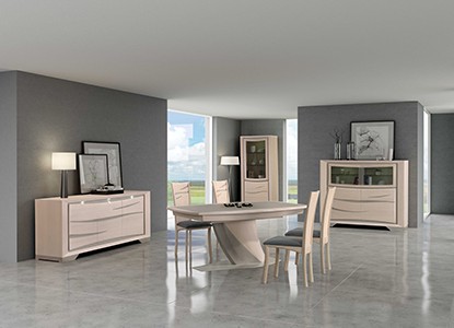 Enfilade 3 portes, Table de repas1 allonge, Chaise, Colonne 2 portes, Vitrine 4 portes