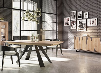 Enfilade 4 portes, Table de repas pied central avec 2 allonges, bridge, vitrine