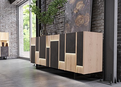Enfilade 4 portes, 1 tiroir, façade céramique, éclairage en façade