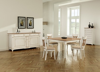 Enfilade , Table de repas carrée avec 1 allonge, Chaise, Semainier 1 porte