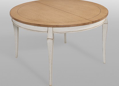 Table de repas ronde avec 1 allonge de 65 cm en portefeuille.