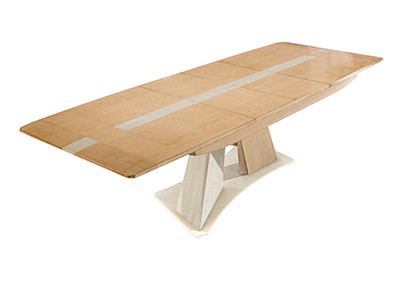 Table de repas pied central dessus bois avec 2 allonges