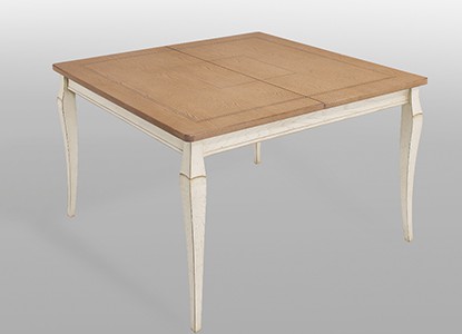 Table de repas carrée avec 1 allonge de 50 cm en portefeuille.